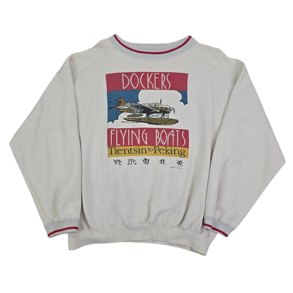 Dockers Flying Boats Sweatshirt Mens XL Cream 1989 Levi's Vintage 80s Seaplane